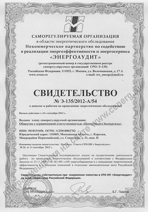 Свидетельство СРО ЭНЕРГОАУДИТ