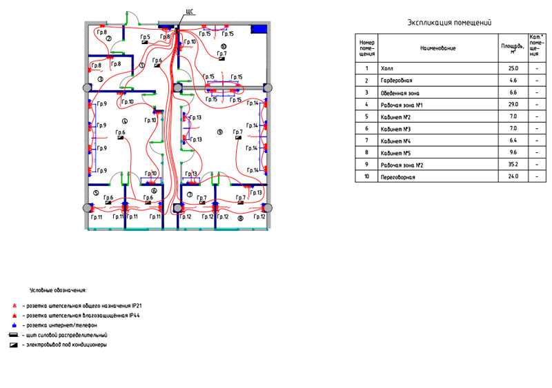 План расположения электрооборудования - розетки